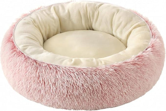 Calming Donut Dog Bed Cat Bed, Fluffy Long Fur Outer & Short Fur Inner, Sweat-Free Cozy Cuddler, Non-Slip Bottom,for Small Medium Dogs Cats Puppy Kitten (Donut Bed - Pink, Medium 19.7 Inches)