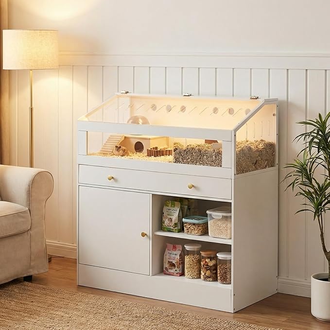 Hamster Cage with Storage Cabinet Small Animal Cage, Easy View Acrylic Panels, Large Habitat for Hamsters, Guinea Pigs, Rabbits, Hedgehogs