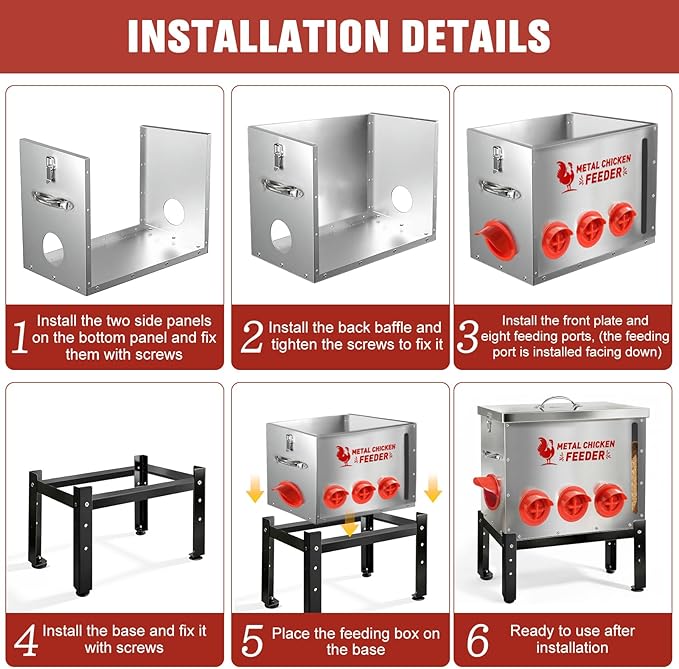 Automatic Chicken Feeder 50 LB Large Capacity with Window 9 Feeding Ports & Buckle Lock Lid and Adjustable Height Stand Chicken Feeder for Chickens Geese Ducks & Poultry(Silver)