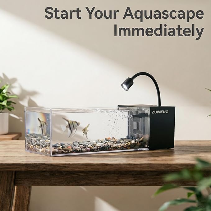 2.7 Gallon Small Fish Tank,PC Material Ultra-Clear Rimless Desktop Aquarium Fish Tank Starter Kit with Side Filtration System & LED Light, for Small Fish, Shrimp or Betta (2.7 Gallon - Black)