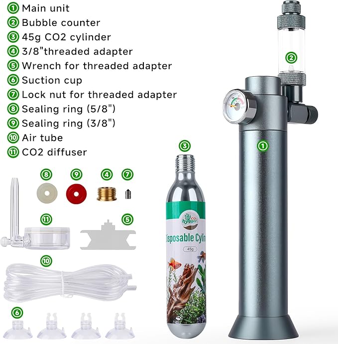 Complete Aquarium CO2 System, Desktop CO2 Regulator with 45g Disposable CO2 Cartridge, Compatible with 5/8" and 3/8" Threaded for Nano Aquariums