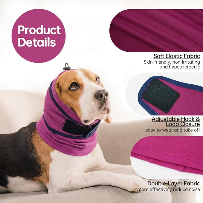 IDOMIK Dog Ear Muffs Noise Protection, Dog Calming Hoodie for Anxiety Relief, Soft Double-Layer No Shake Head Wraps, Quiet Ear Covers for Thunderstorm, Firework, Bath, Grooming & Blow Drying,Purple,XL