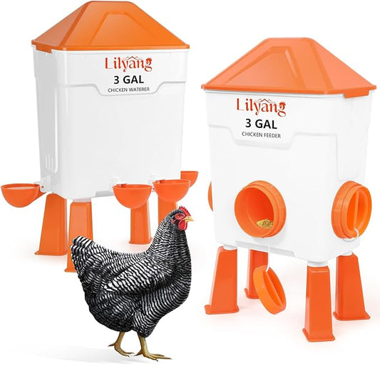 Lilyang Chicken Feeder and Waterer Set 3 Gallon, Automatic No-Waste Feeder, Large Poultry Waterer with 2.75'' Cups, Standing or Hanging Use, Feed Chickens & Ducks
