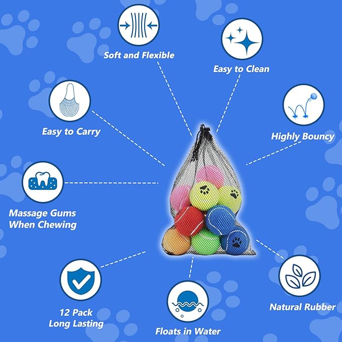 INSUM Bulk Tennis Balls for Dogs Pack of 12 Easy Catching Dog Fetch Balls (Non Squeaky-Multicolor)