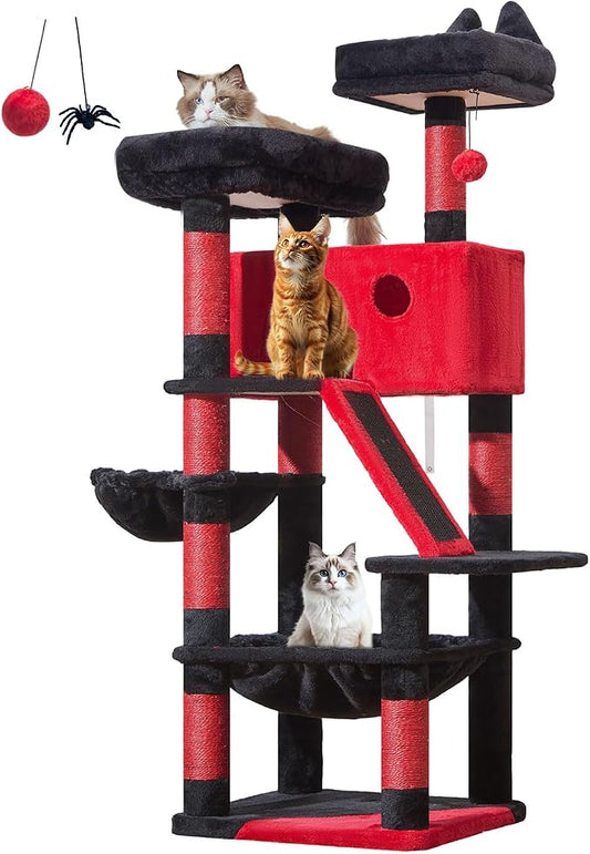 Taoqimiao Gothic Cat Tree 57.5-Inch, Cat Tower for Indoor Cats Large Adult, Extra Large Cat Condo, 8 Sisal Scratching Posts, Metal Frame Cozy Hammock, Durable Scratch Board, 2 Top Perches, MS026BR