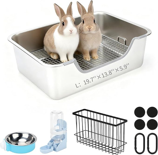 YUEPET 4-in-1 Large Rabbit Litter Box, Non-Slip Stainless Steel Litter Boxes with Sifting Grid & Hay Feeder Food Bowl, Easy Cleaning Bunny Litter Box with Odor Control for Rabbits Small Pets（L）