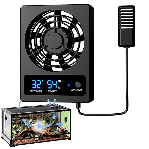 Ventilation Fan - Intelligent Reptile Tank Cooler, LED Display Climate Monitor with Strong Airflow Circulation System, Low Noise Design, Ideal for Amphibians Snakes Lizards Habitat Care