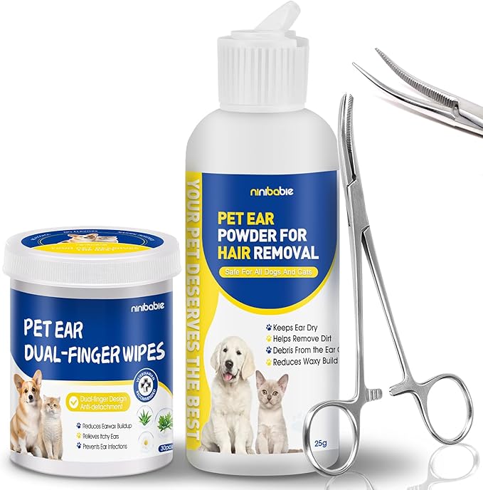Dog Ear Hair Removal Kit with Powder & 5.5" Curved Locking Forceps - Dog Ear Finger Wipes Gentle Ear Grooming Tool for Dogs - Absorb Moisture, Remove Dirt - Alcohol-Free Pet Ear Care