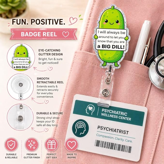 Cute Funny Positive Emotional Support Pickle Badge Reel Retractable ID Holder Clip for Psych Nurse Teacher Mental Health Awareness Social Worker Therapist Counselor RBT Office Coworker Inspiring Gifts