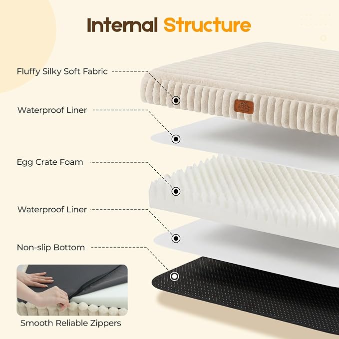 Orthopedic Dog Bed for Medium Dog, Waterproof Pet Bed,Non-Slip Bottom and Egg-Crate Foam with Removable Washable Cover Crate Bed,Cream,30"x20"x3"