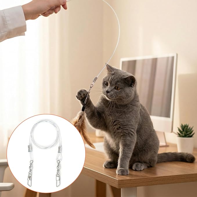 2pcs Replacement Strings for Cat Wand, Plastic Paracord Strings Replacement with Lobster Clasps, Interactive Kitten Wand Stick Wire for Cat Teaser Wand- Clear
