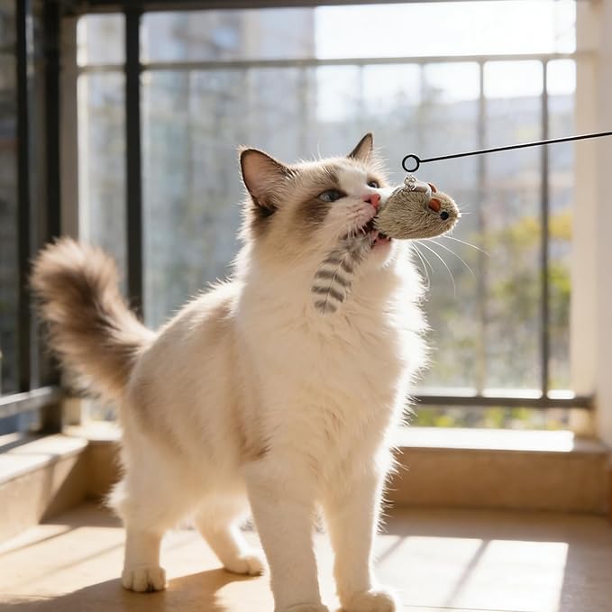Andiker Cat Wand Toy, 3 Pack Plush Mouse Shapes Cat Feather Toys Refills with Bells and a 35.8'' Long Flexible Cat Stick, Interactive Cat Toys for Indoor Cats to Chase Beat Chew