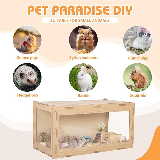 COZIWOW Hamster Cage, Chewproof 32" Large Wooden Hamster Enclosure with 270° Panoramic View, Acrylic Small Animal Habitat Cage for Syrian, Guinea Pig, Chinchilla, Gerbil