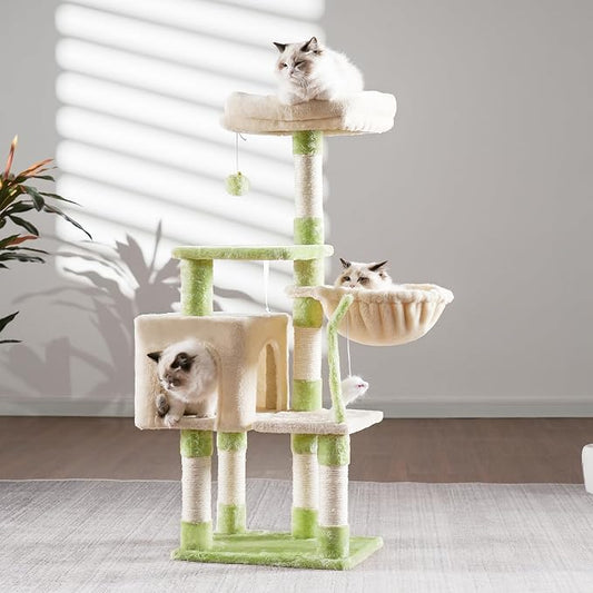 Heybly Cat Tree with Toy, 43.3 inch Cat Tower condo for Indoor Cats, Cat House with Padded Plush Perch, Cozy Hammock and Sisal Scratching Posts, Green and Beige HCT004SGM