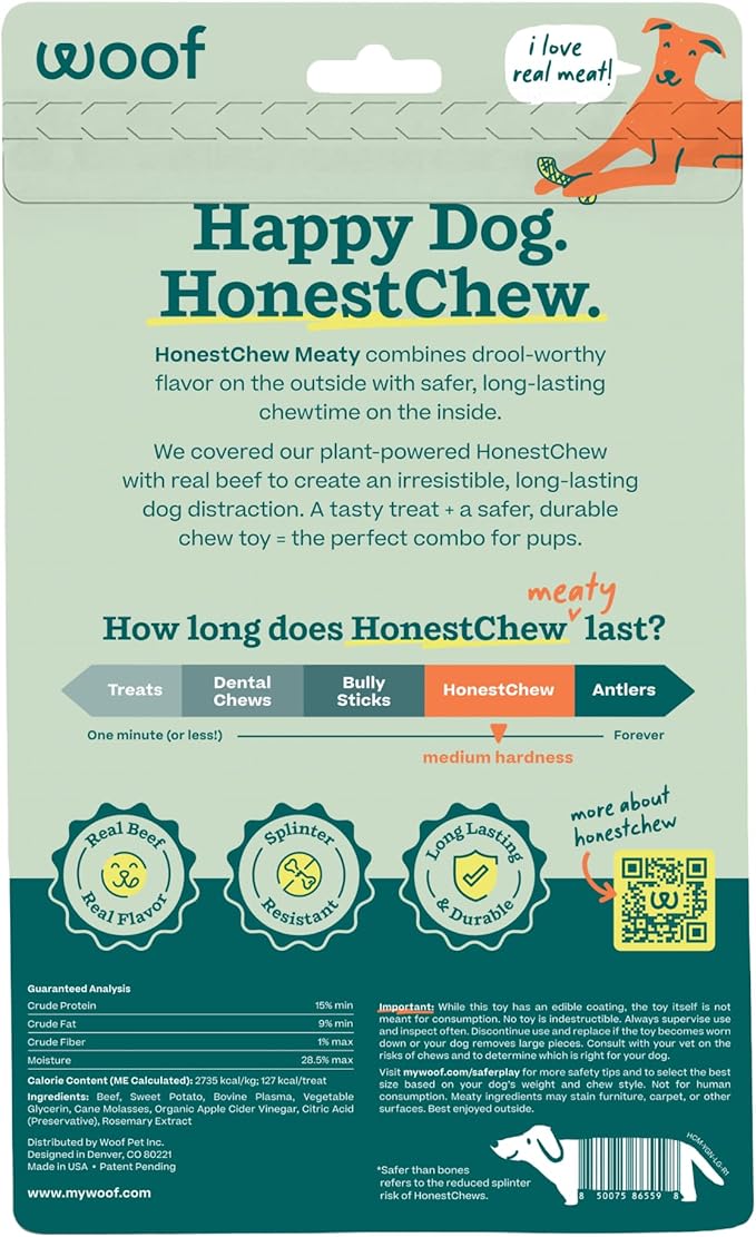 WOOF HonestChew Meaty Dog Toy Y-Gnawt - Durable Dog Chews - Made with Real Beef and Natural, Plant-Based Ingredients - Splinter-Resistant - Safer Than Dog Bones - Large