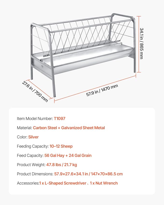 VEVOR Livestock Hay Feeder, 2 in 1 Grain & Hay Feeder, 80-Gallon Capacity, 57.9" Long Goat Pasture Feeding with Deeper Feeding Pan, Heavy Duty Steel Grain Holder for Sheep Sheds, Farms, Horse Barns