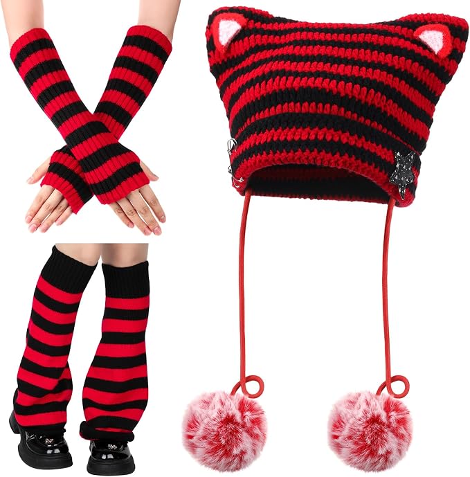 Y2k Beanie Cat Crochet Hats Cat Beanie Accessories with Kawaii Leg Cover for Women Girls