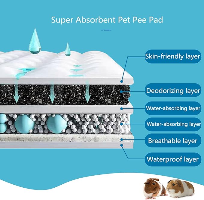 Guinea Pig Pee Pads, Disposable Rabbit Cage Liners, Charcoal Odor Controlling Absorbent Waterproof Pee Pads for Hamster, Bunny, Ferret, Chinchilla and Other Small Animals (24" x 18", 50 PCS)