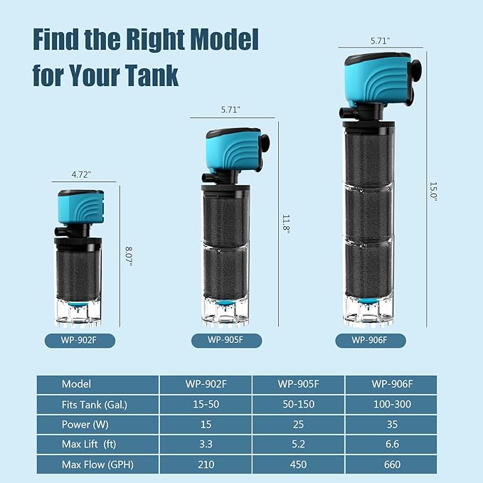Internal Aquarium Filter, Upgraded 15–50 Gallon Fish Tank Filters, 210GPH Submersible Whisper Pump for Turtle Tank with Debris Tray, Check Valve, Fresh & Saltwater