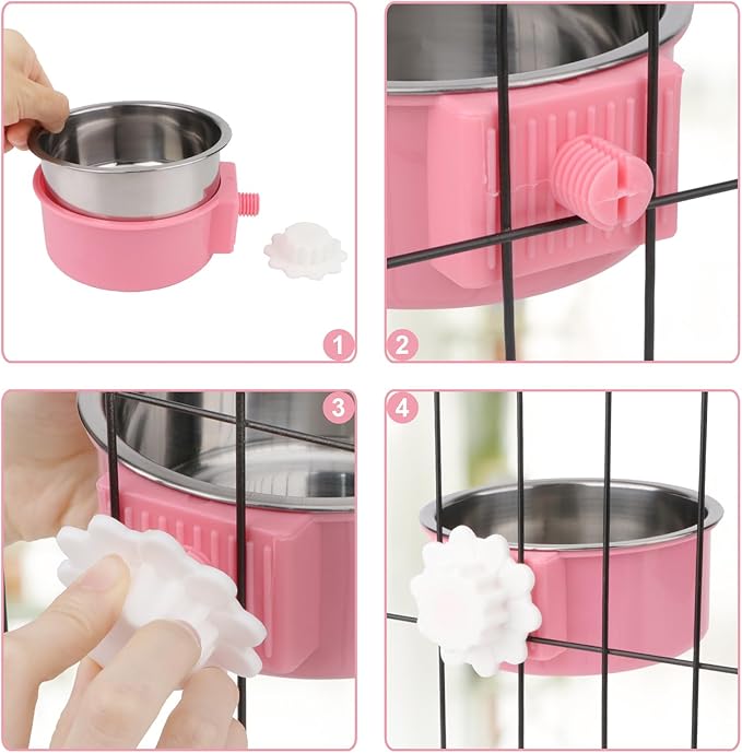 Hypeety Dog Crate Water Bowl No Spill - Hanging Attachable Pet Bowls for Kennel Durable Stainless Steel Food Water Dishes for Small Dogs Cats Rabbits Parrots with Non-Slip Base (Pink 2pcs)