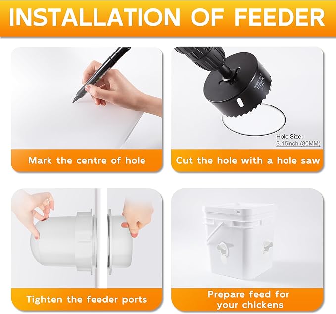 Chicken Feeder Port 8 Pack - No Waste DIY Poultry Feeding Kit with Stopper Lid & Hole Saw, Reusable Rain Proof Automatic Coop Gravity Feeder for Hens Ducks Geese (White)
