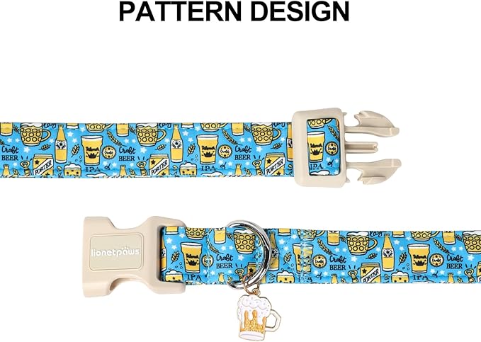 Lionet Paws Summer Dog Collar- Cute Beer Dog Collars with Plastic Buckle,Blue Yellow Light Adjustable Dog Collars for Medium Dogs