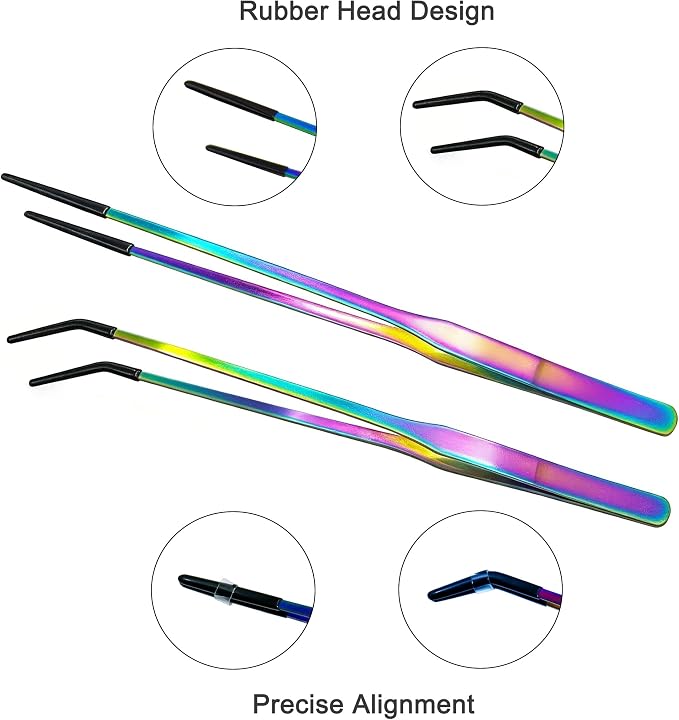 2 PCS Long 10.6" Stainless Steel Reptile Feeding Tongs with Rubber Tip, Straight & Curved Tweezers for Aquariums & Crafts, Feeder Tools for Bearded Dragon, Lizards Snake, Terrarium Supplies (Colorful)