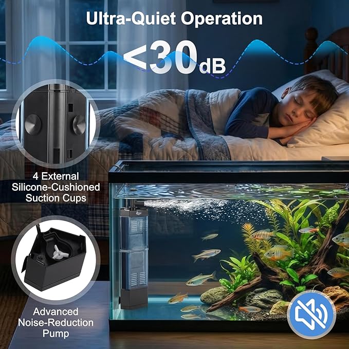 AQQA Internal Aquarium Filter - Submersible 40-100 Gallons Fish Tank Filters, Adjustable Wave Maker, Bottom Inlet Whisper Pump and Underwater Automatic Power Water Filter System for Freshwater (L)