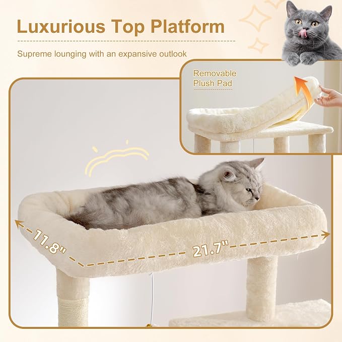 Heybly Cat Tree, 76-Inch Tall Heavy Duty Cat Tower for Big Cats with Extra Wide Baseboard, Multi-Level Large Cat Furniture with 2 Condos & 2 Hammocks, 10 Scratching Posts, Beige HCT039M