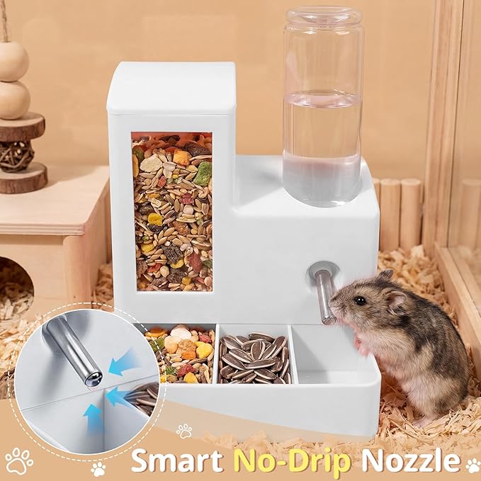 2 in 1 Hamster Water Bottle, No Drip 120ml Hamster Water Bottle, Gravity Hamster Food Bowl with Snack Bowl, Hamster Cage Accessories for Cage for Guinea Pigs