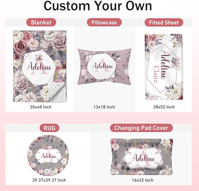 Personalized Crib Bedding Set for Baby Boy Girl, Custom Name Roses Design 3 Piece Baby Bedding Set, Including Plush Blanket, Fitted Sheet and Pillowcase for Newborn Nursery Gift