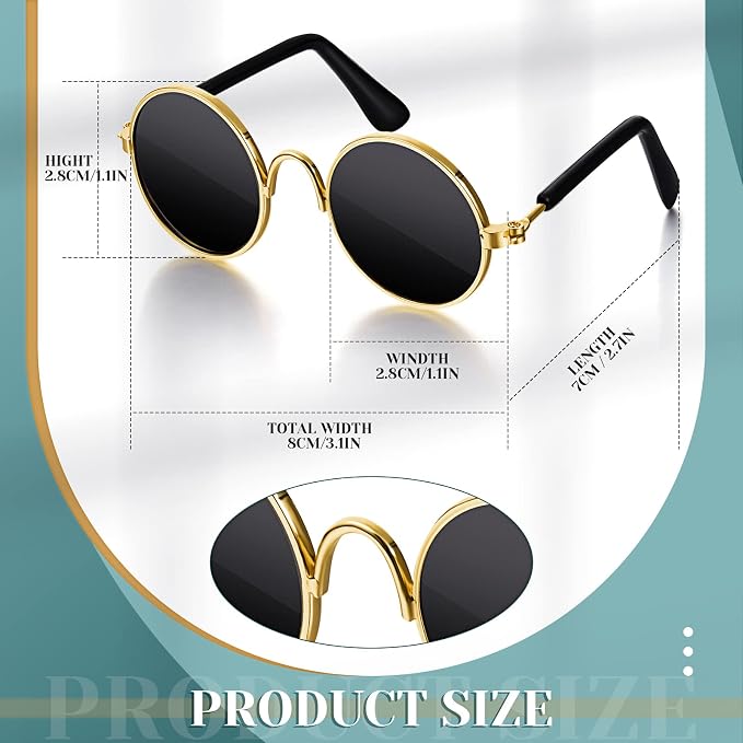 Xuniea 2 Pieces Cat Dog Chain Collar and Sunglasses Set Rhinestone Necklace with Secure Buckle Round Glasses for Doll Cat Dog Pet Accessories(8 Inch,Gold, Black)