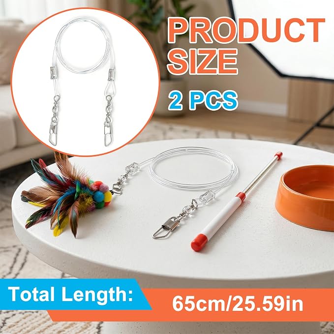 2pcs Replacement Strings for Cat Wand, Plastic Paracord Strings Replacement with Lobster Clasps, Interactive Kitten Wand Stick Wire for Cat Teaser Wand- Clear