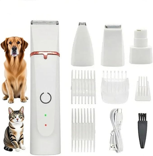 Dog Clippers Grooming Kit 4 in 1 Pet Hair Clipper-Low Noise Dog Paw Trimmer- Rechargeable - Cordless Quiet Pet Dog Cat Nail Grinder Trimming Hair Around The Eyes and Ears for Dogs and Cats (White)