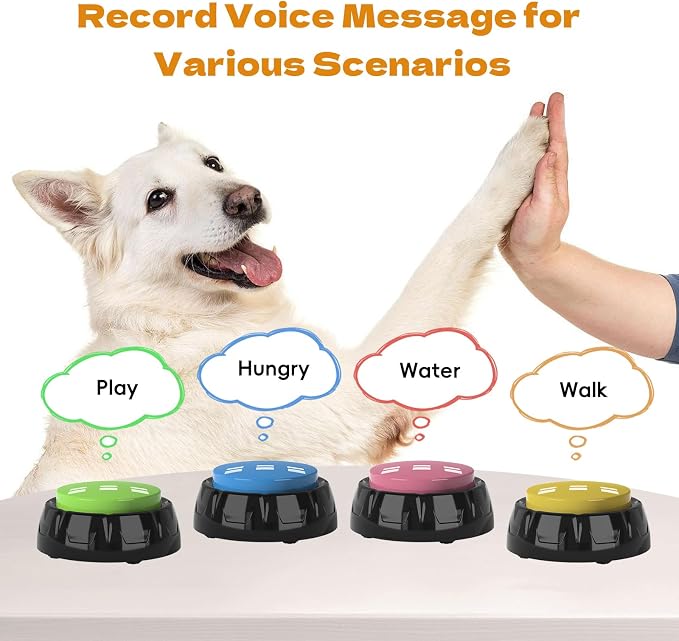 Recordable Pet Button, Dog Buttons for Communication Pet Training Buzzer, 30 Second Record & Playback, AA Battery for Longer Battery Life, (4 Pack Light Color)