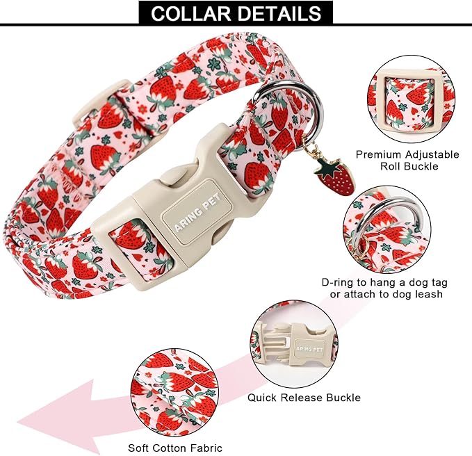 ARING PET Strawberry Dog Collar, Cute Summer Pink Pet Collars with Quick Release Buckle for Puppy Small Medium Large Boy Girl Dogs-M
