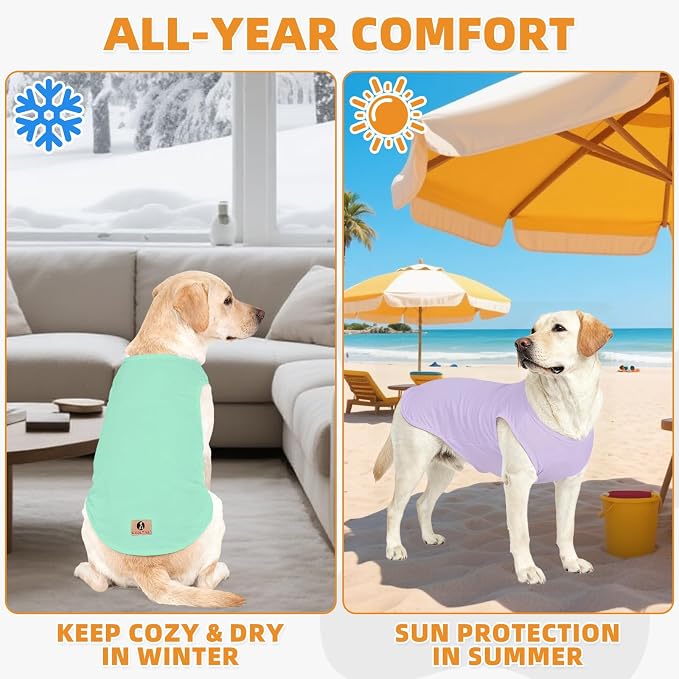 KOOLTAIL Large Dog Clothes for Boy Girl, 2 Pack Cotton Summer Dog T Shirts UV & Insect Protection for Outdoor Camping, Anti-Hair Loss Breathable Sleeveless Pet Vest Tank Tops Apparel, Green&Purple,XXL