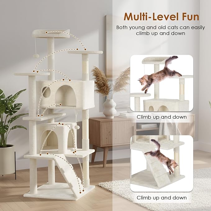 PayLessHere Cat Tree 62in Cat Tower with Cat Scratching Post,Multi-Level Cat Condo Stand House Furniture Kitty Activity Center with Furry Ball Toys Cat Tree for Indoor Cats,Beige