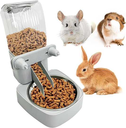 54 oz Rabbit Food Dispenser with Stainless Steel Food Bowl Hanging Gravity Bunny Feeder for Cage Automatic Small Animal Feeding Bowls for Ferret Guinea Pig Chinchilla Cat Puppy