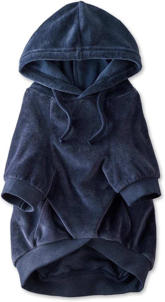 Pet Passion Cooper II Organic Cotton Velour Dog Hoodie Pet Coat for Small, Medium and Large Dogs, Navy, Small