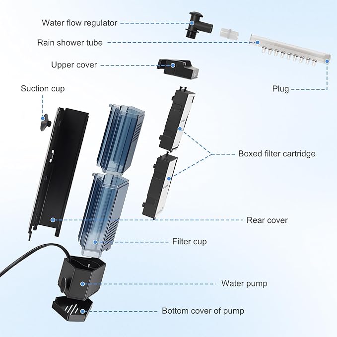 AQQA Internal Aquarium Filter - Submersible 40-100 Gallons Fish Tank Filters, Adjustable Wave Maker, Bottom Inlet Whisper Pump and Underwater Automatic Power Water Filter System for Freshwater (L)