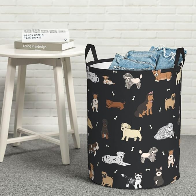 Cute Dogs Round Laundry Hamper Cartoon Puppy Animals Storage Basket Toys Clothes Organizer Bin For Home Bathroom Bedroom Dorm Nursery, 62l