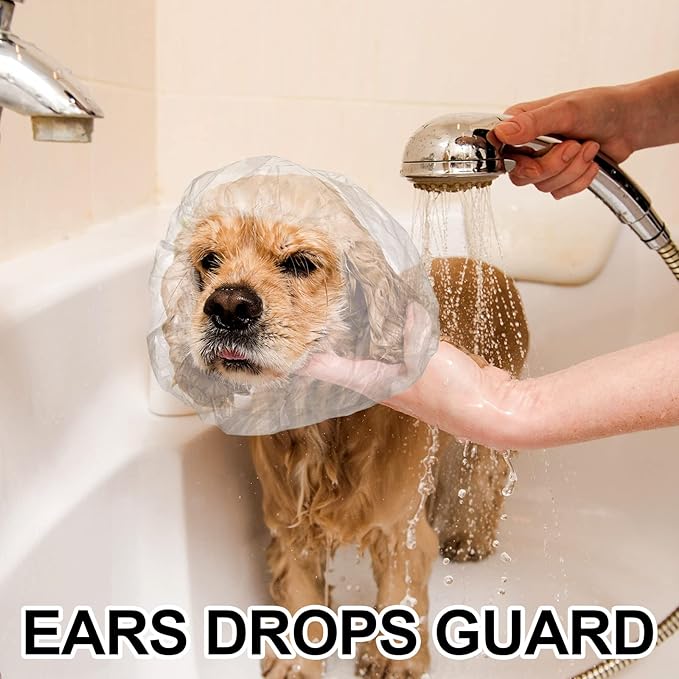 Weewooday 32 Pieces Disposable Pet Shower Caps - Plastic Dog Ear Covers for Bathing, Drops, Guard - Transparent Overhanging Ears Protection for Puppy, Kitten, Small Pets Bath, Shower, Rain Water