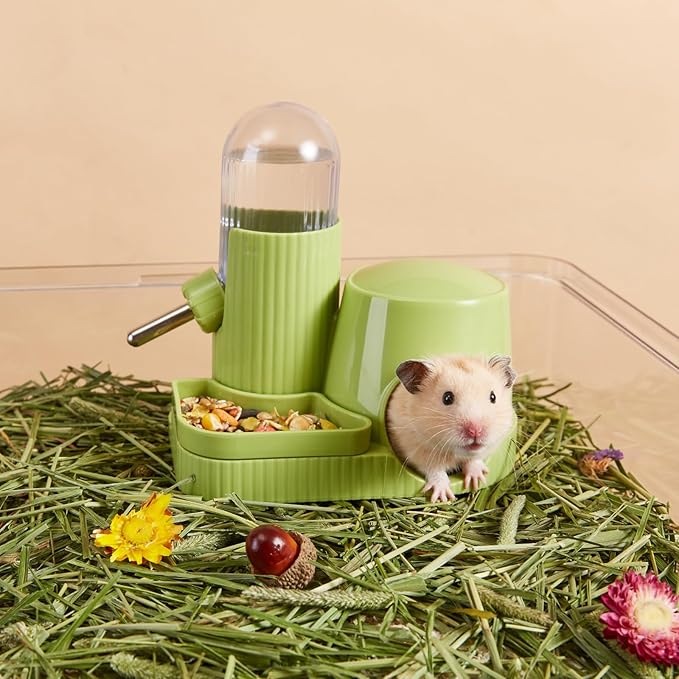 3 in 1 Hamster Water Bottle No Drip Automatic Leakproof Dispenser with Food Container and Hideout Base for Gerbil Rat Dwarf Hamster Mouse (Blue, 3.4oz)