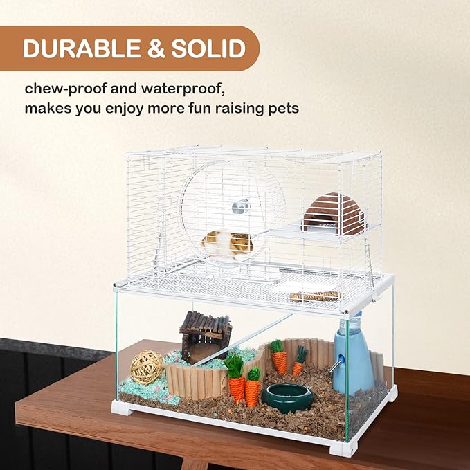 3 Tiers Large Hamster Cages Glass, Heightened Wire Topper with Two Shelf and Two Ladders Ramps, Openable Top, Easy to Clean Removeable Waterproof PVC Tray Medium