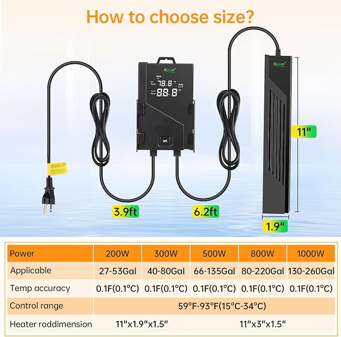 hygger Aquarium Heater with Intelligent Temperature Controller, 200W for 27-53 Gallon Submersible Fish Tank Heater with Leaving Water Automatically Stop Heating System, for Freshwater Saltwater