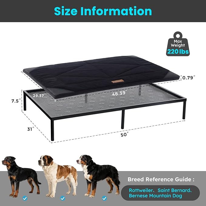 ZOMISIA Chew Proof Elevated Dog Bed for Extra Large Dogs XL- Raised Pet Cot with Removable Waterproof Padded for Outdoor Use, Indestructible and Washable, 50" L x 31" W x 7.5" H, Black