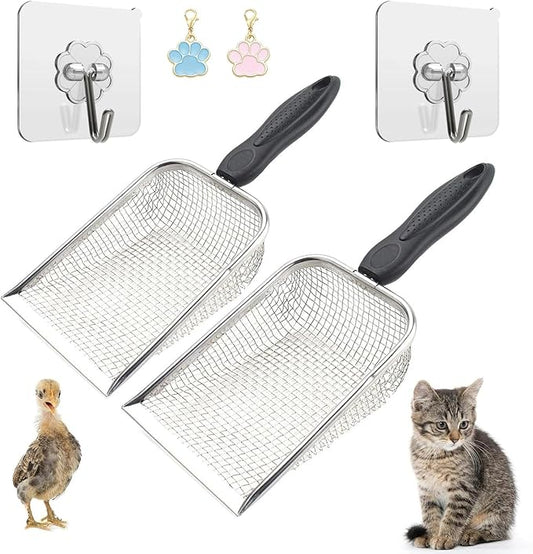 Chicken Poop Scooper for Coop, 2 Pack Chicken Coop Shovel | 0.15 Inch & 0.2 Inch Mesh, Metal Chicken Coop Rake and Scoop Tool, Sifting Shovel for All Litter Types, Anti-Slip