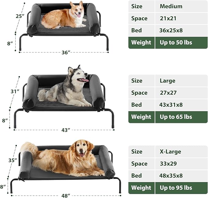 Cooling Elevated Dog Bed for Large Dogs – Waterproof Raised Dog Cot with Slope Headrest, Breathable Teslin Mesh, Durable & Portable Pet Bed for Indoor and Outdoor Use, Black
