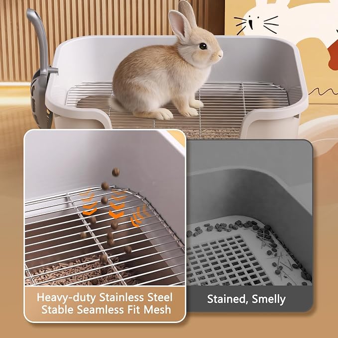 Stainless Steel Rabbit Litter Box with Safety Grid, Large Sifting Bunny Litter Pan for Small Animals, Guinea Pig, Ferret, Easy to Clean, Anti-Urine Leakage Metal Pet Toilet (16.9" × 13.4" × 6.7")